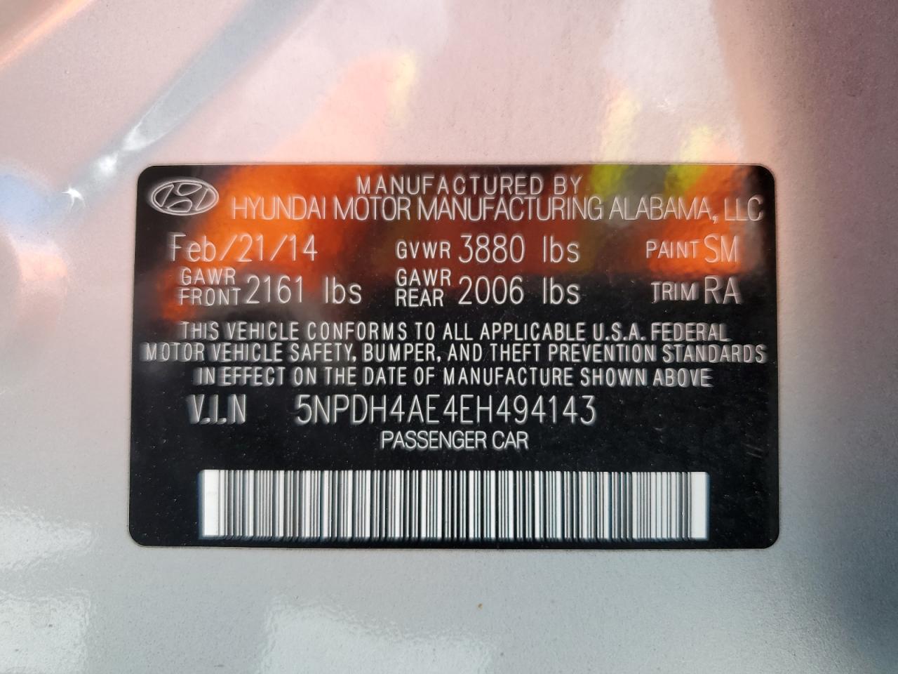 2014 Hyundai Elantra Se VIN: 5NPDH4AE4EH494143 Lot: 64726195