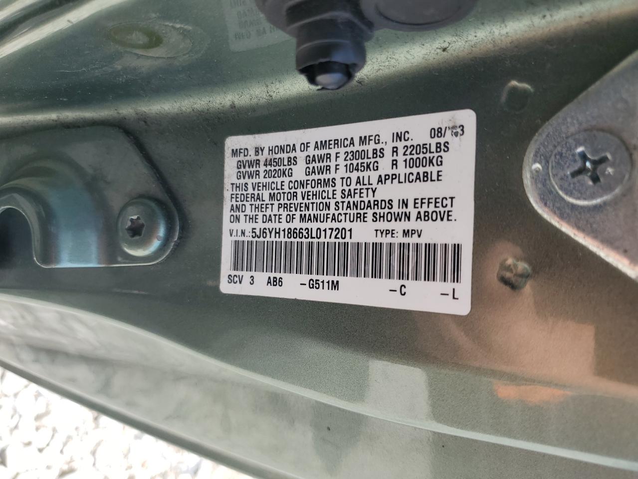 2003 Honda Element Ex VIN: 5J6YH18663L017201 Lot: 63757985