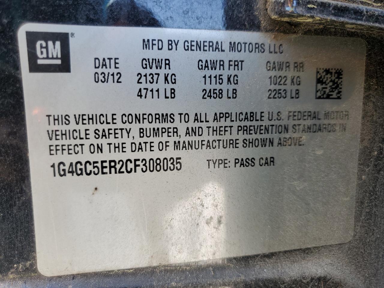 2012 Buick Lacrosse VIN: 1G4GC5ER2CF308035 Lot: 63835235