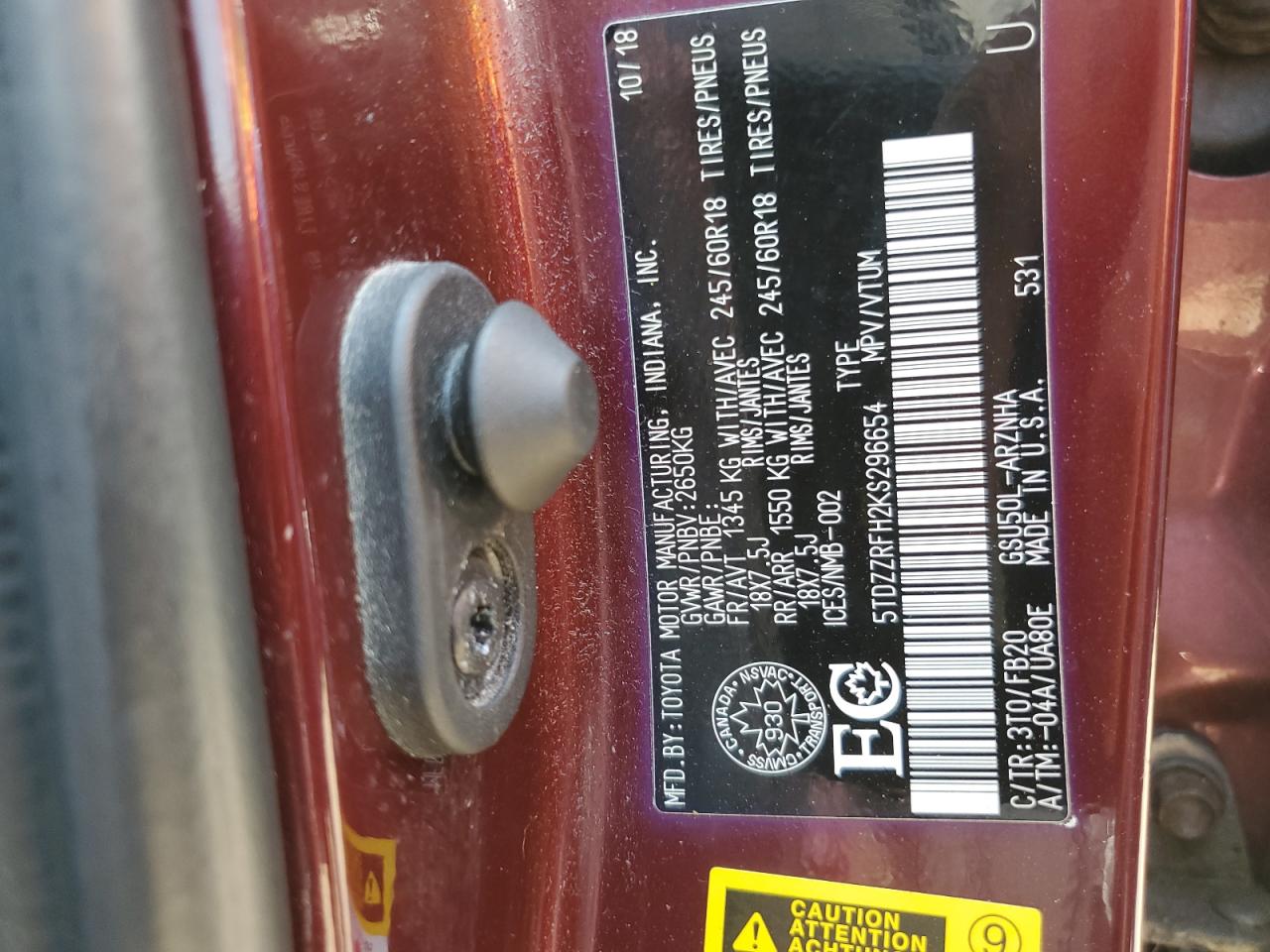 2019 Toyota Highlander Le VIN: 5TDZZRFH2KS296654 Lot: 64292615
