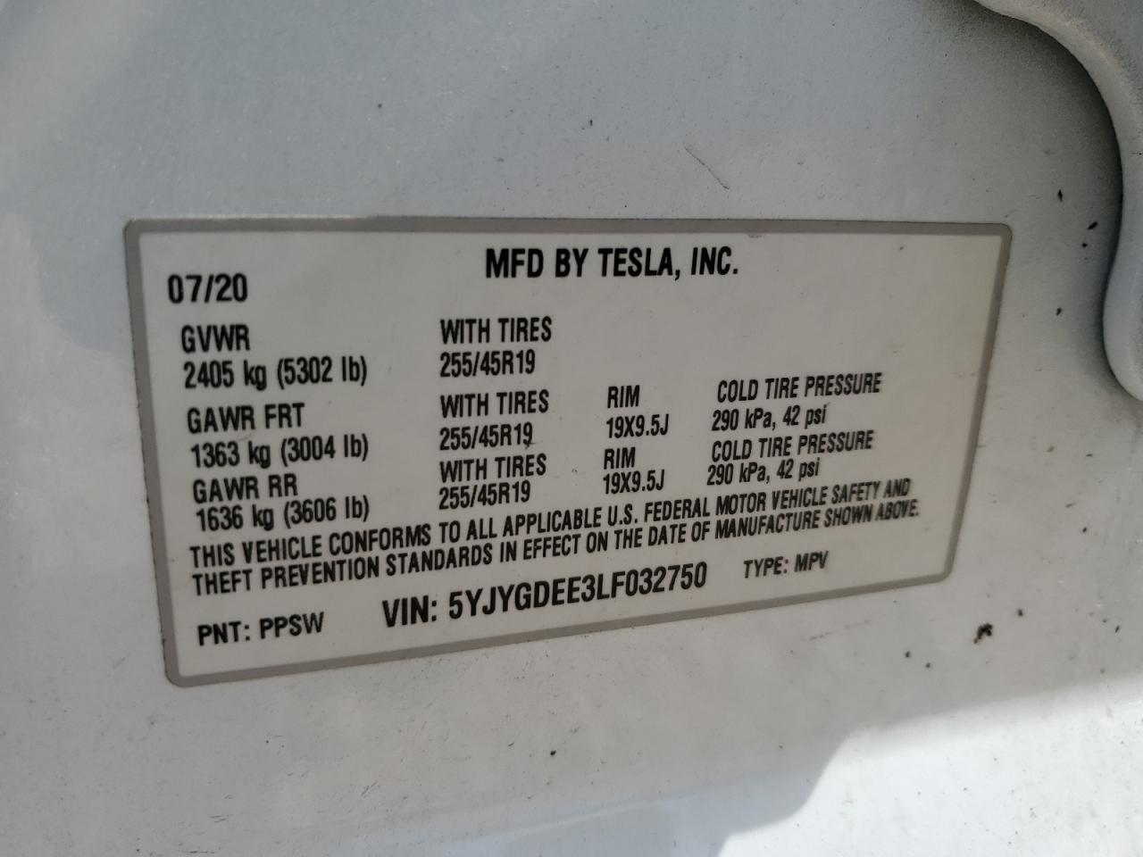 2020 Tesla Model Y VIN: 5YJYGDEE3LF032750 Lot: 63145135