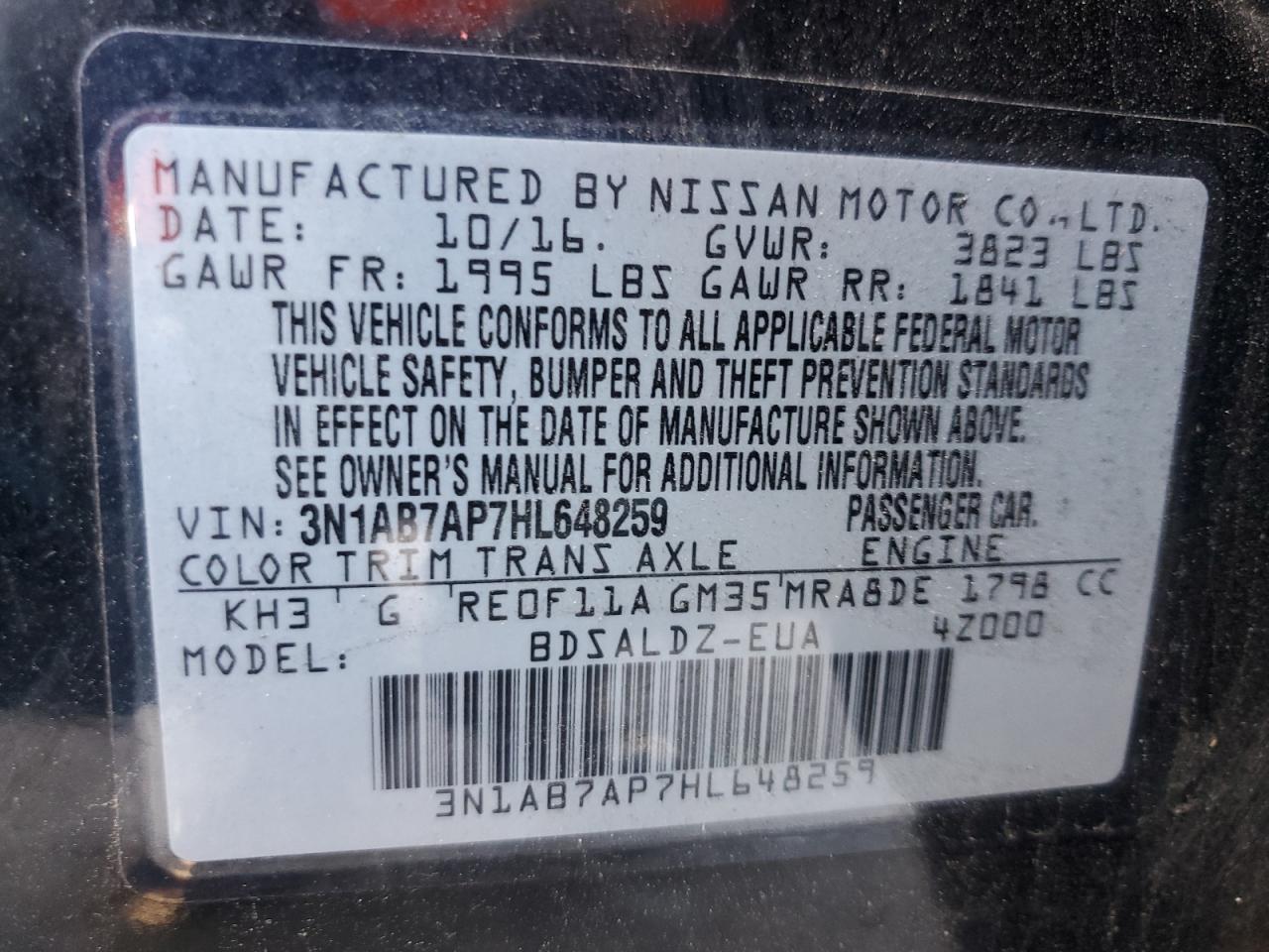 2017 Nissan Sentra S VIN: 3N1AB7AP7HL648259 Lot: 62917145