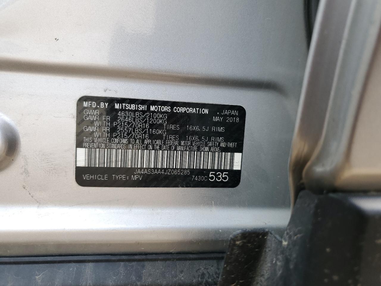 2018 Mitsubishi Eclipse Cross Es VIN: JA4AS3AA4JZ065285 Lot: 64498585