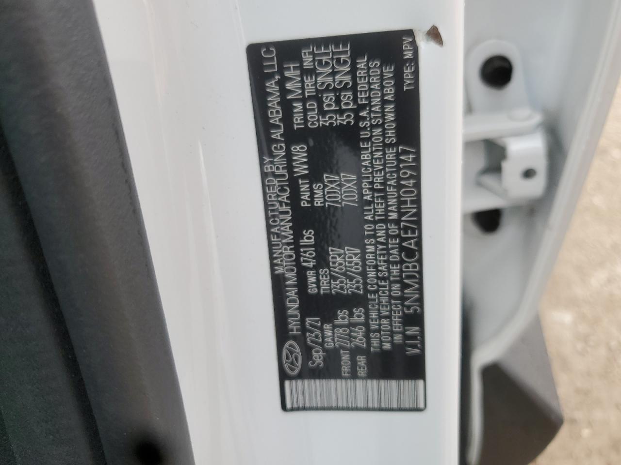 5nmjbcae7nh049147 5NMJBCAE7NH049147 2022 Hyundai Tucson Sel
