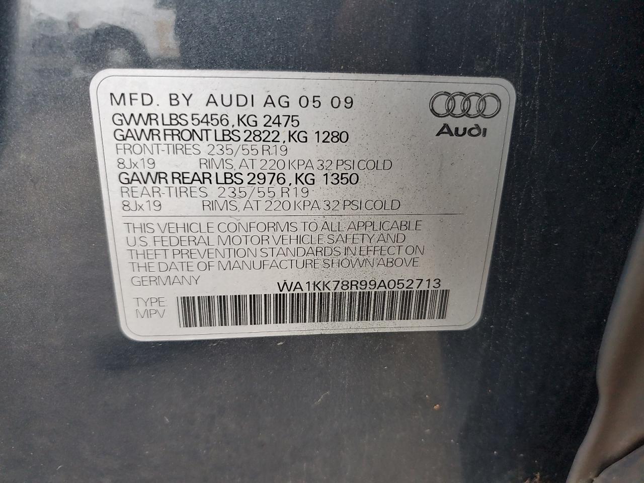 2009 Audi Q5 3.2 VIN: WA1KK78R99A052713 Lot: 64934575