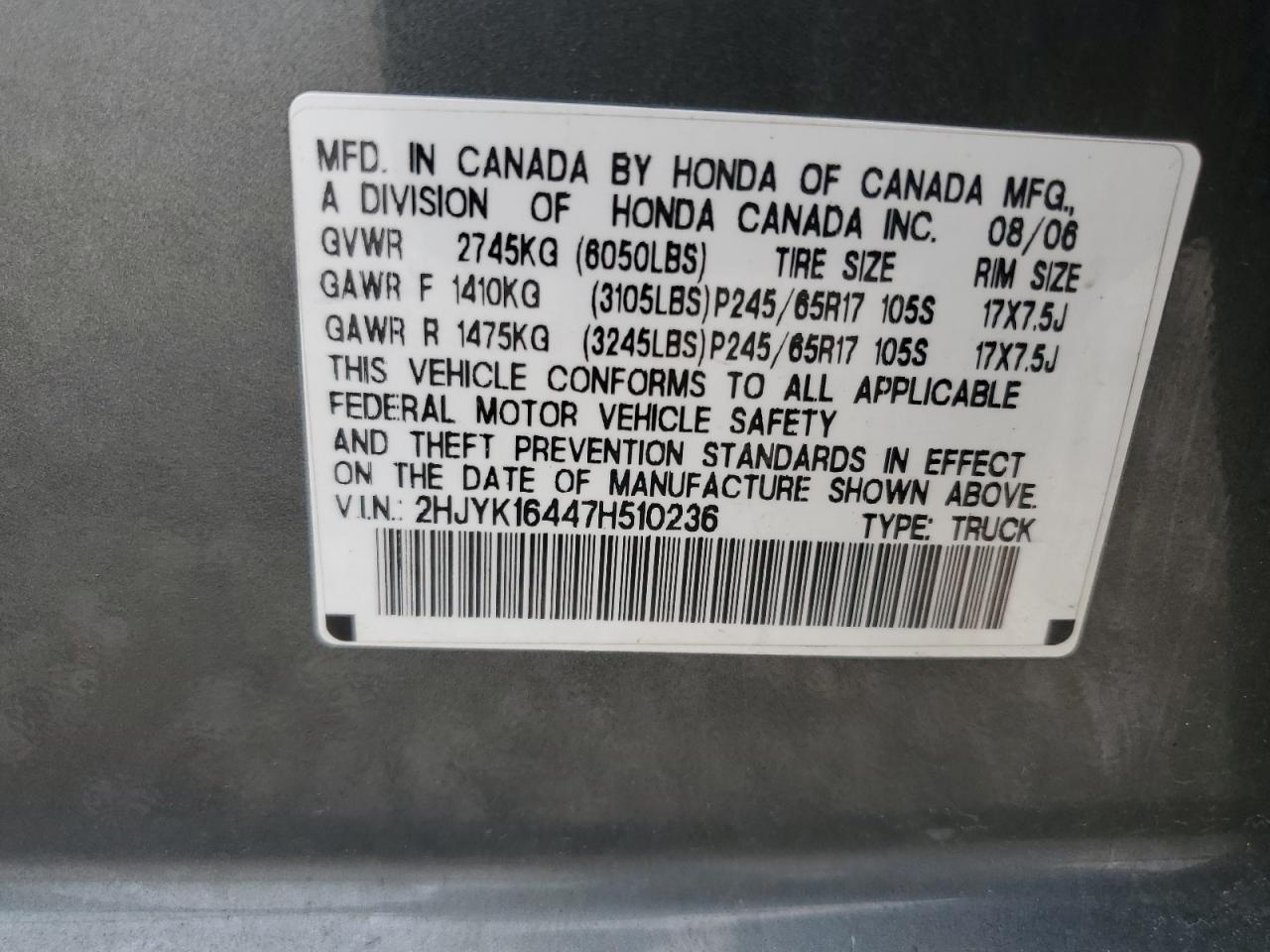 2hjyk16447h510236 2HJYK16447H510236 2007 Honda Ridgeline Rts