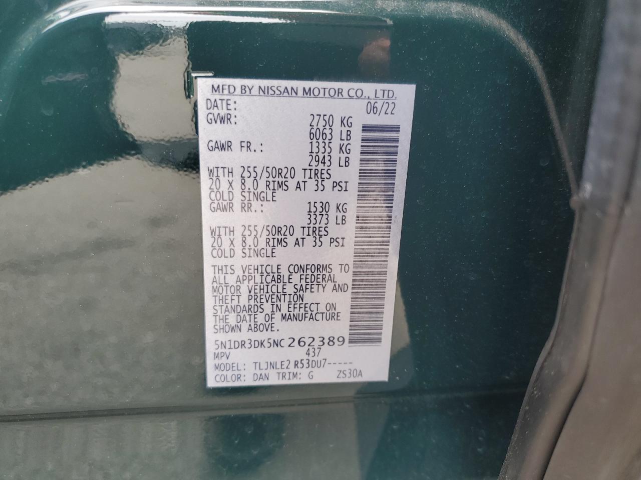2022 Nissan Pathfinder Platinum VIN: 5N1DR3DK5NC262389 Lot: 64742985