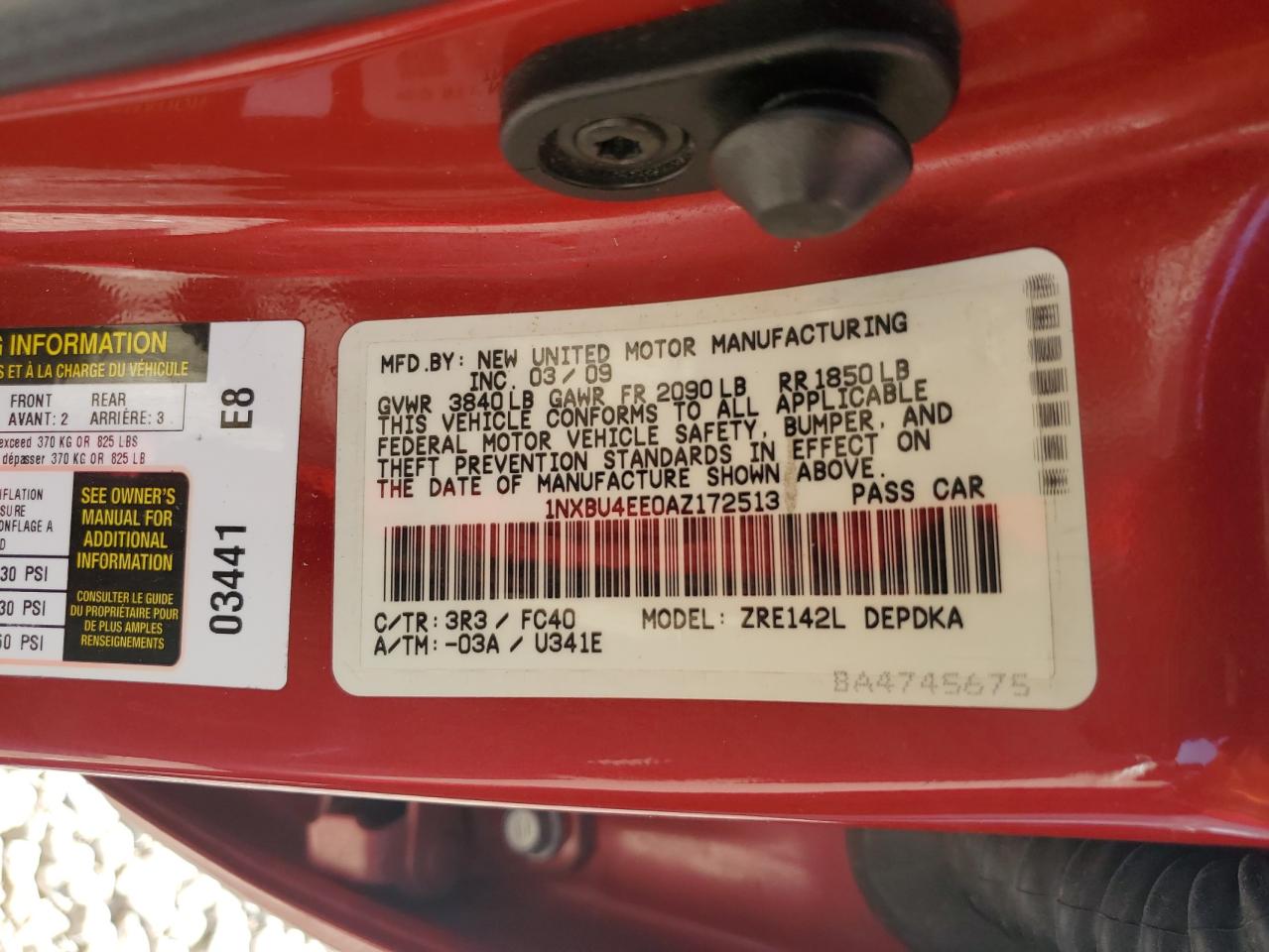 2010 Toyota Corolla Base VIN: 1NXBU4EE0AZ172513 Lot: 65243875
