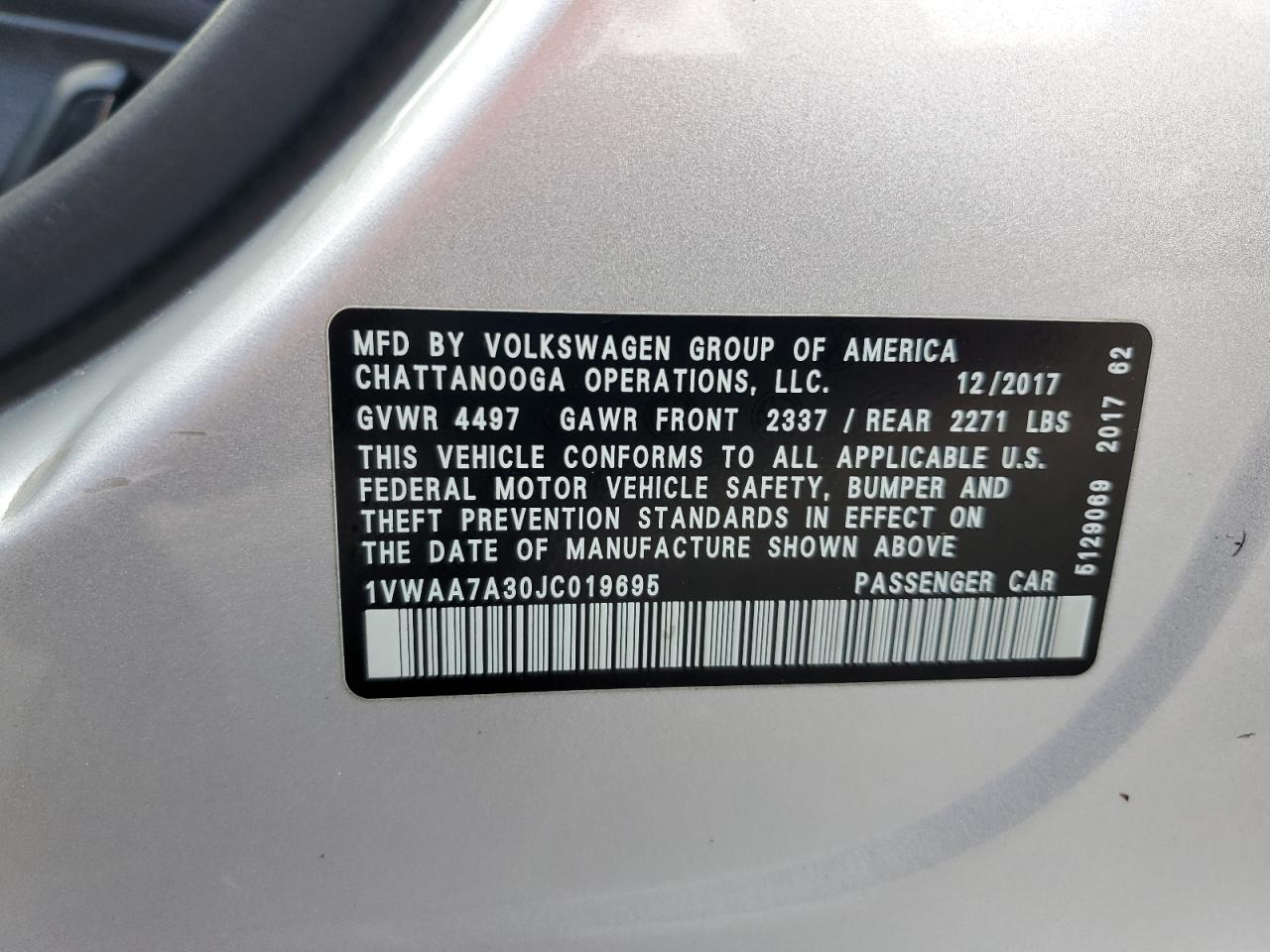 2018 Volkswagen Passat S VIN: 1VWAA7A30JC019695 Lot: 64403445