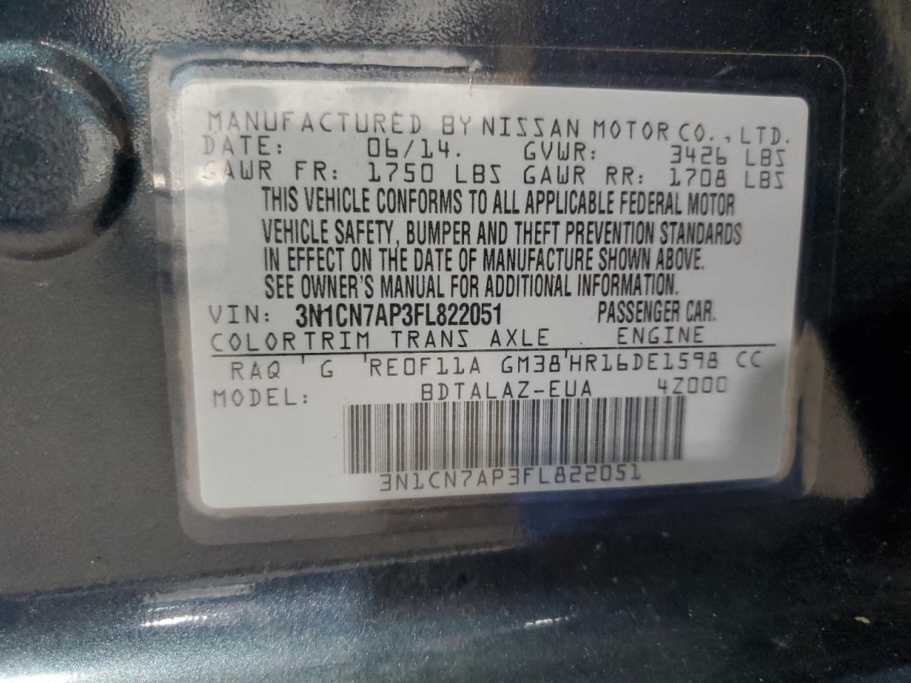 2015 Nissan Versa S VIN: 3N1CN7AP3FL822051 Lot: 63052315