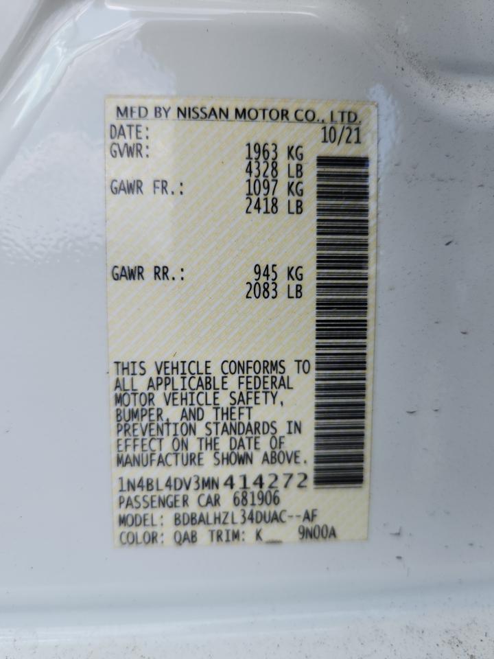 2021 Nissan Altima Sv VIN: 1N4BL4DV3MN414272 Lot: 64886675