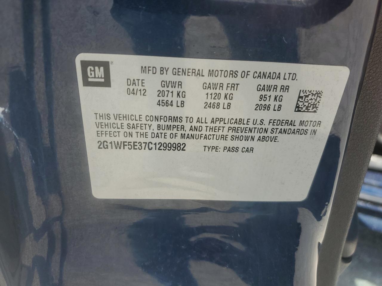 2012 Chevrolet Impala Ls VIN: 2G1WF5E37C1299982 Lot: 65672325