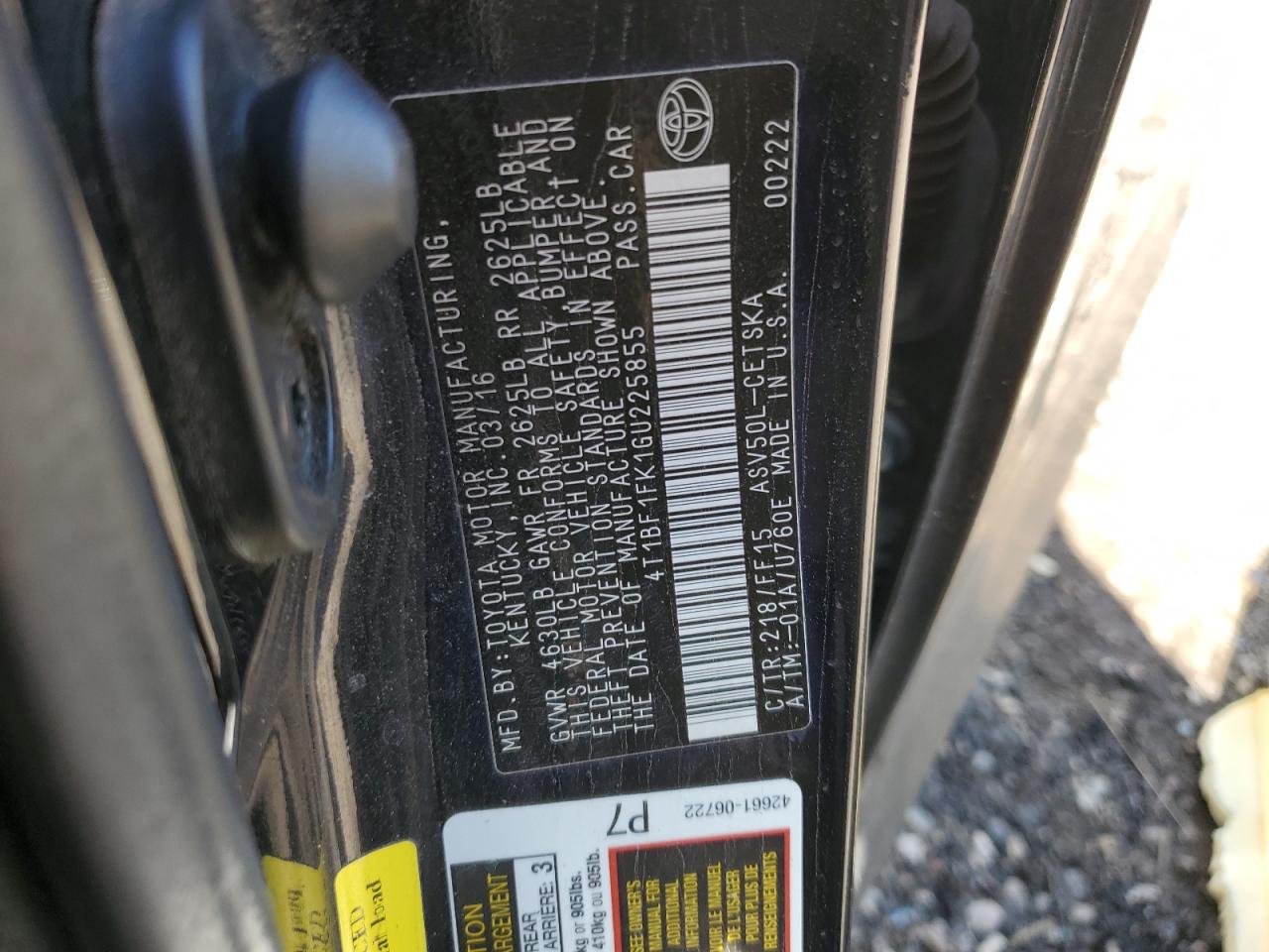 2016 Toyota Camry Le VIN: 4T1BF1FK1GU225855 Lot: 63755055