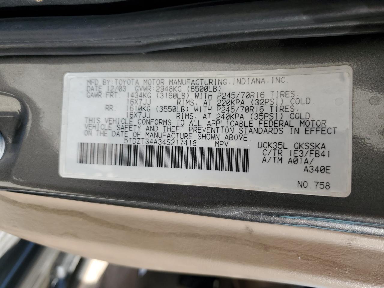 2004 Toyota Sequoia Sr5 VIN: 5TDZT34A34S217418 Lot: 63440535