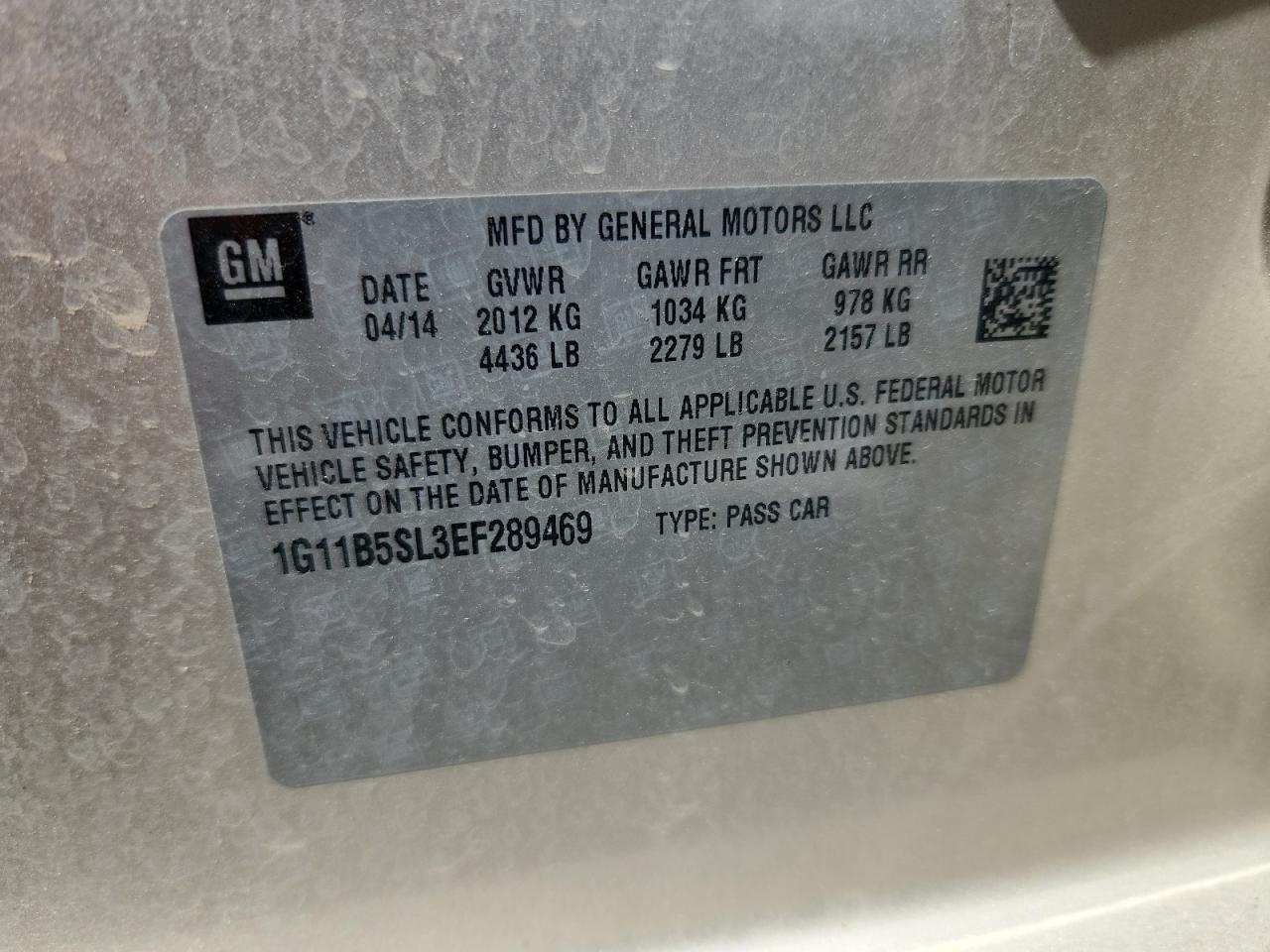 2014 Chevrolet Malibu Ls VIN: 1G11B5SL3EF289469 Lot: 66881205