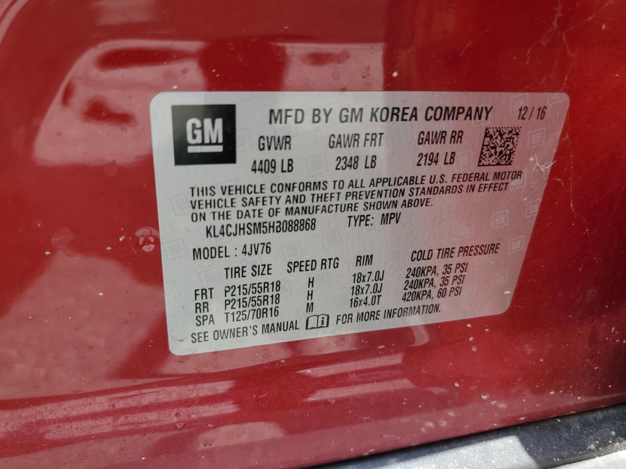 2017 Buick Encore Premium VIN: KL4CJHSM5HB088868 Lot: 62652975