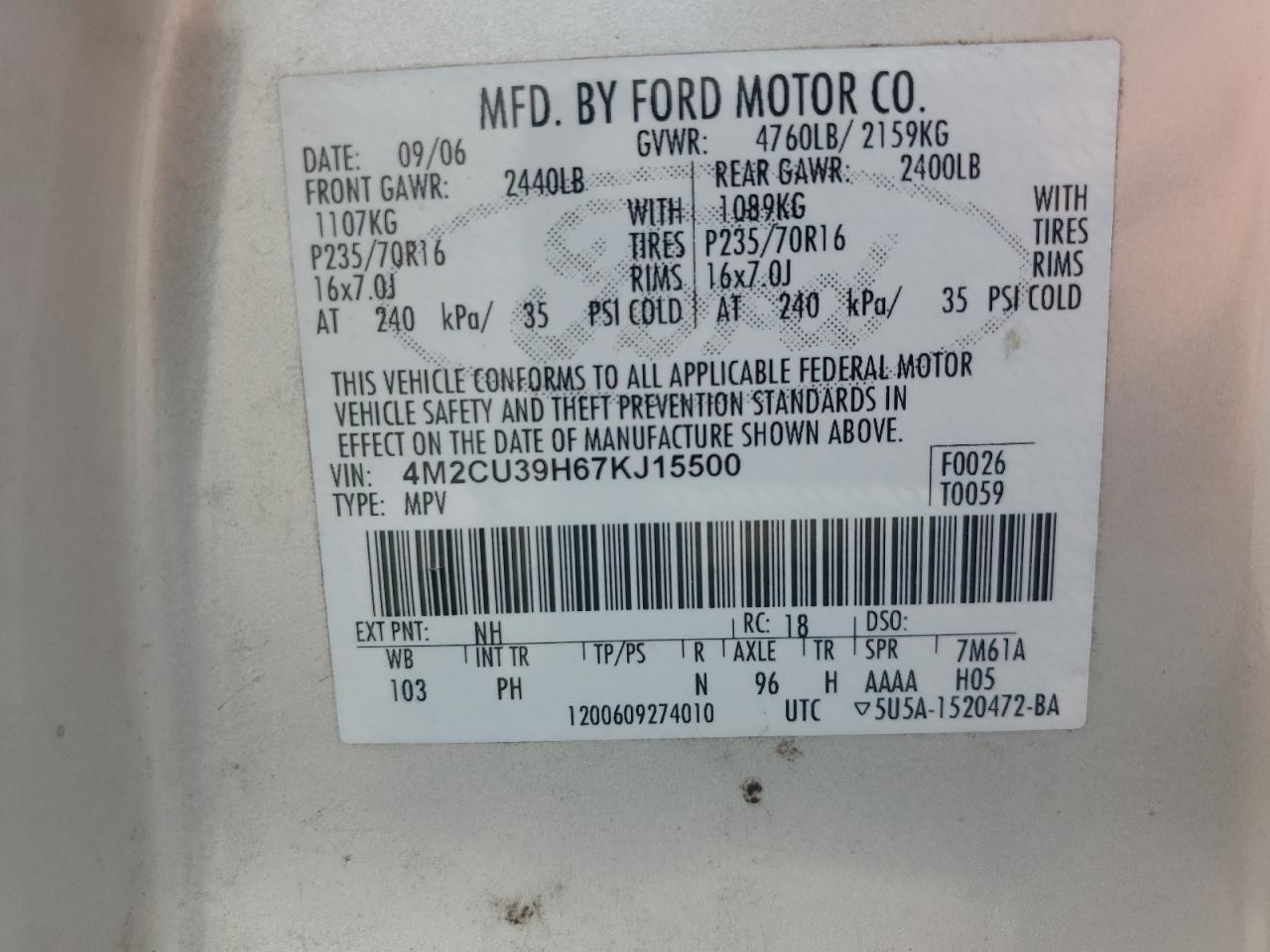 2007 Mercury Mariner Hev VIN: 4M2CU39H67KJ15500 Lot: 64739715