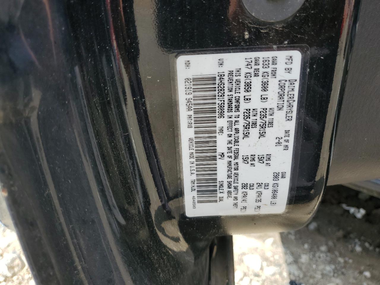 2001 Dodge Durango VIN: 1B4HS28Z91F580906 Lot: 62870635