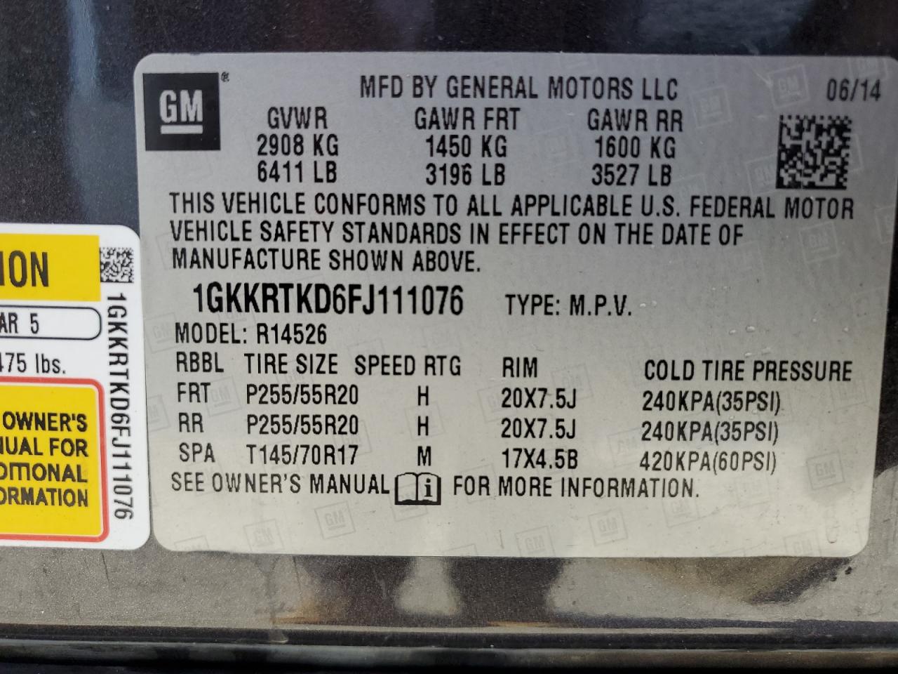 2015 GMC Acadia Denali VIN: 1GKKRTKD6FJ111076 Lot: 63584785