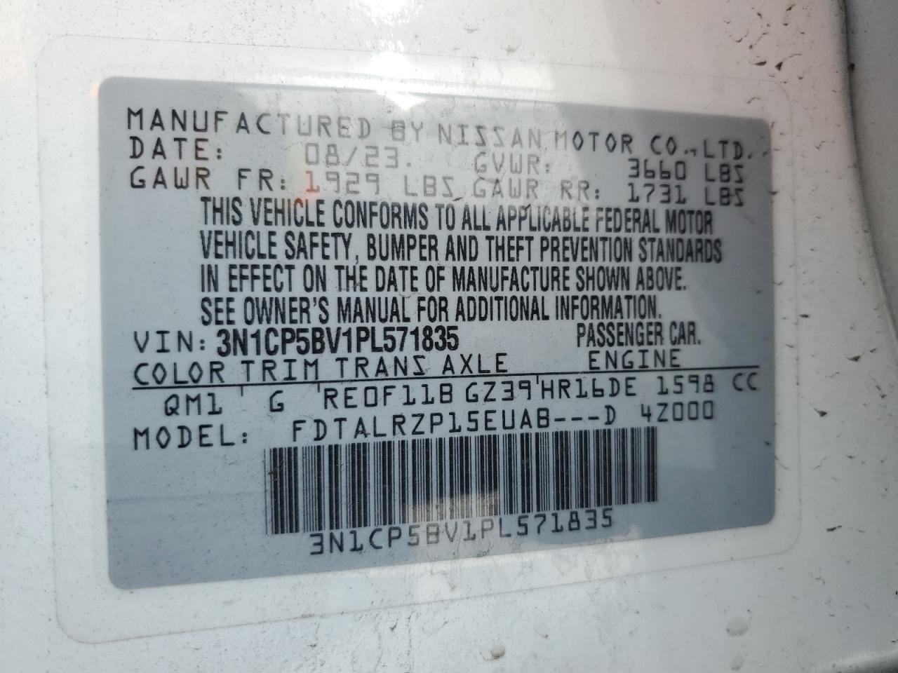 2023 Nissan Kicks S VIN: 3N1CP5BV1PL571835 Lot: 64656275