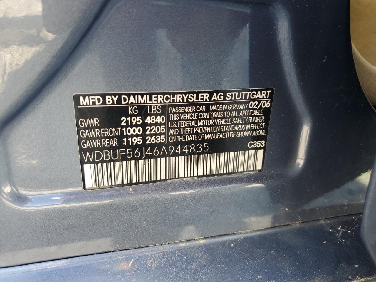 2006 Mercedes-Benz E 350 VIN: WDBUF56J46A944835 Lot: 64319265