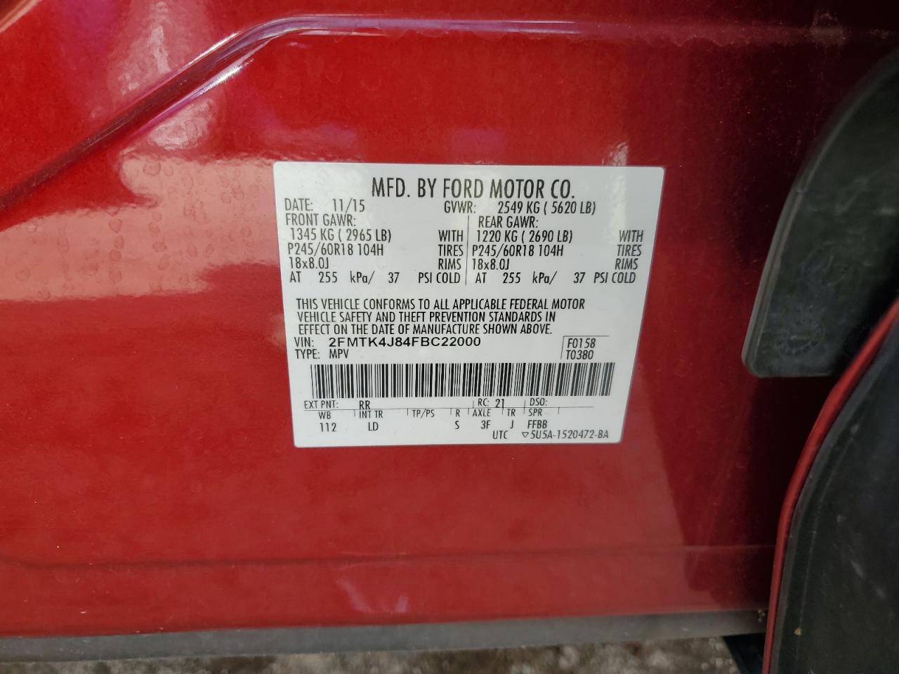 2015 Ford Edge Sel VIN: 2FMTK4J84FBC22000 Lot: 63862405
