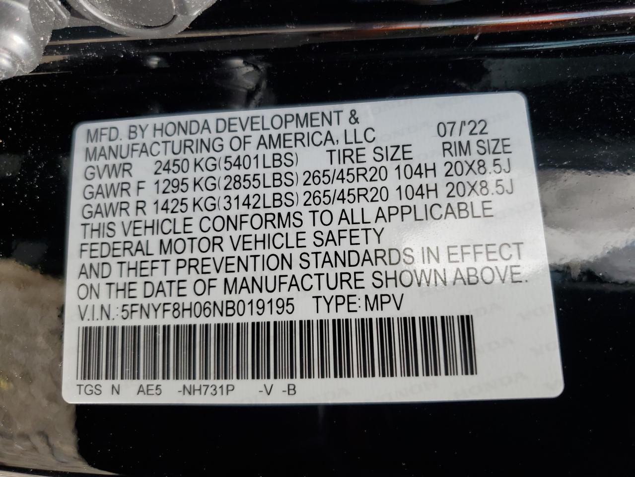 2022 Honda Passport Elite VIN: 5FNYF8H06NB019195 Lot: 64836185
