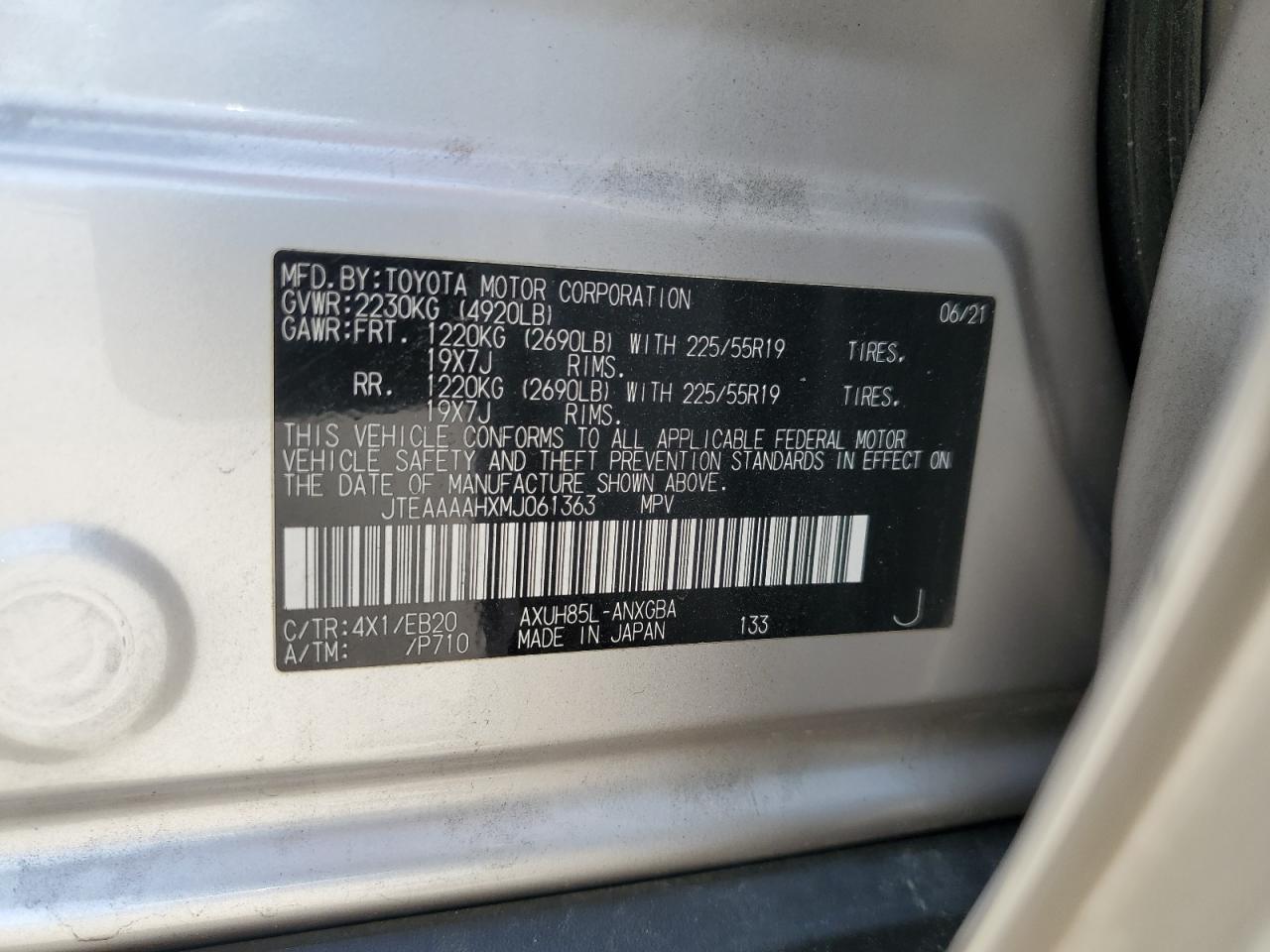 2021 Toyota Venza Le VIN: JTEAAAAHXMJ061363 Lot: 62026985