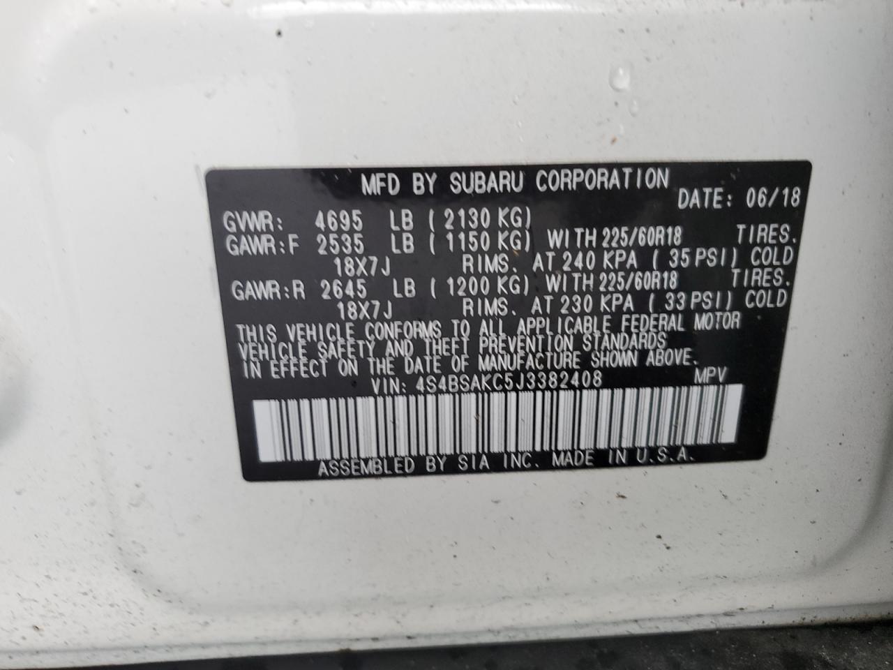 2018 Subaru Outback 2.5I Limited VIN: 4S4BSAKC5J3382408 Lot: 64095615