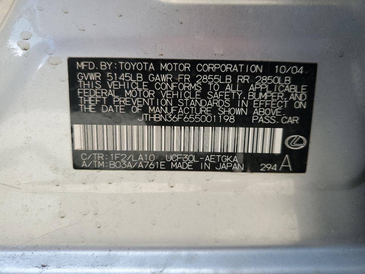 2005 Lexus Ls 430 VIN: JTHBN36F655001198 Lot: 63511905