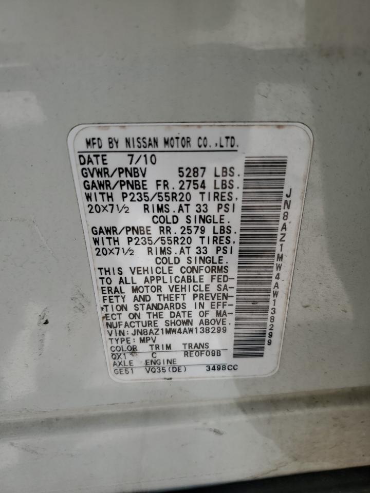 2010 Nissan Murano S VIN: JN8AZ1MW4AW138299 Lot: 64324635