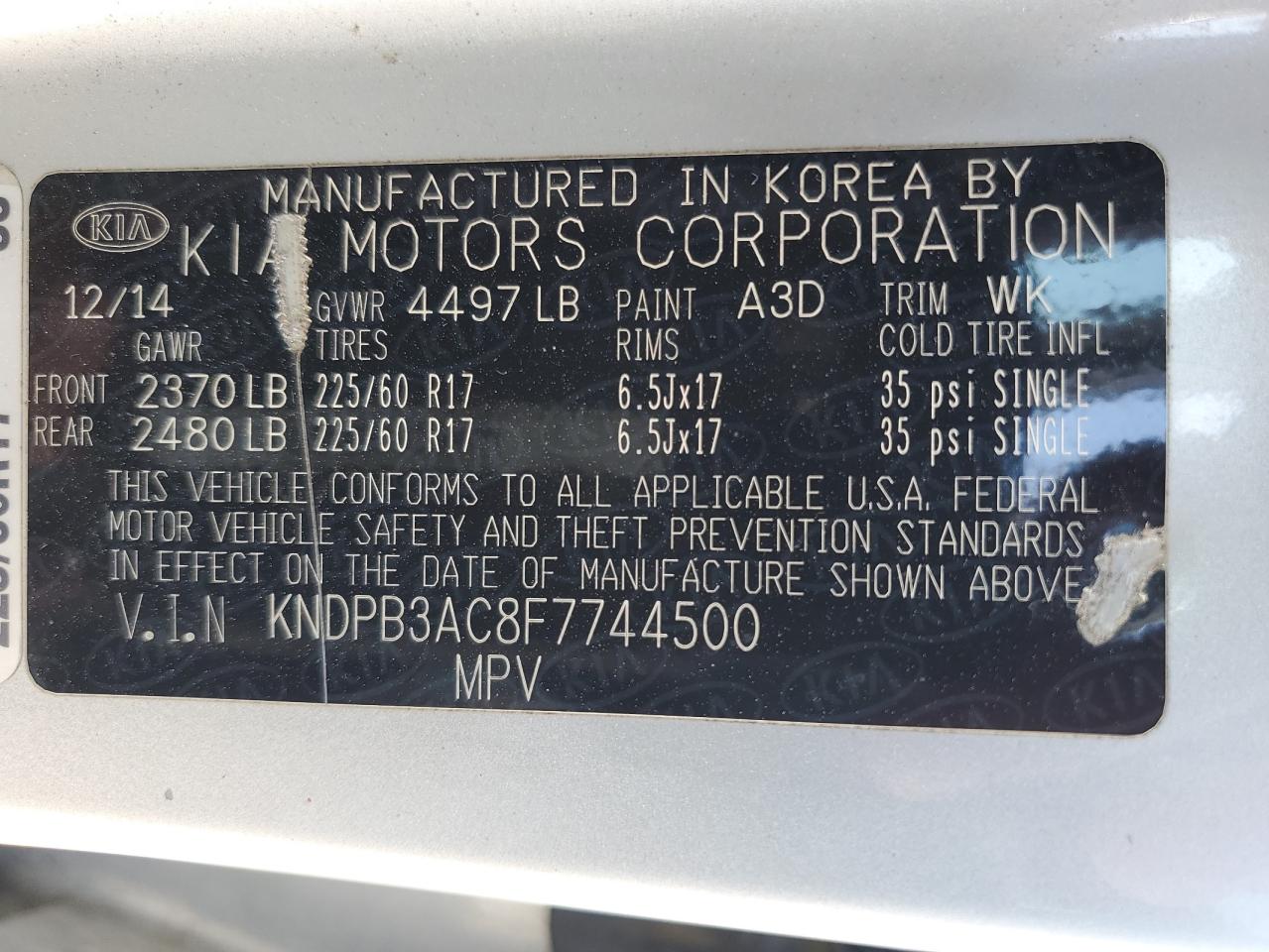 2015 Kia Sportage Lx VIN: KNDPB3AC8F7744500 Lot: 64718515