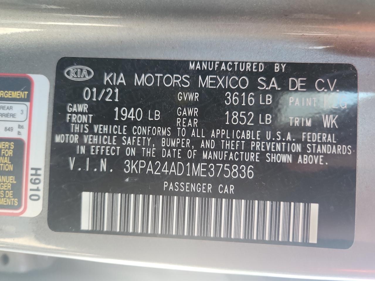 2021 Kia Rio Lx VIN: 3KPA24AD1ME375836 Lot: 63750375