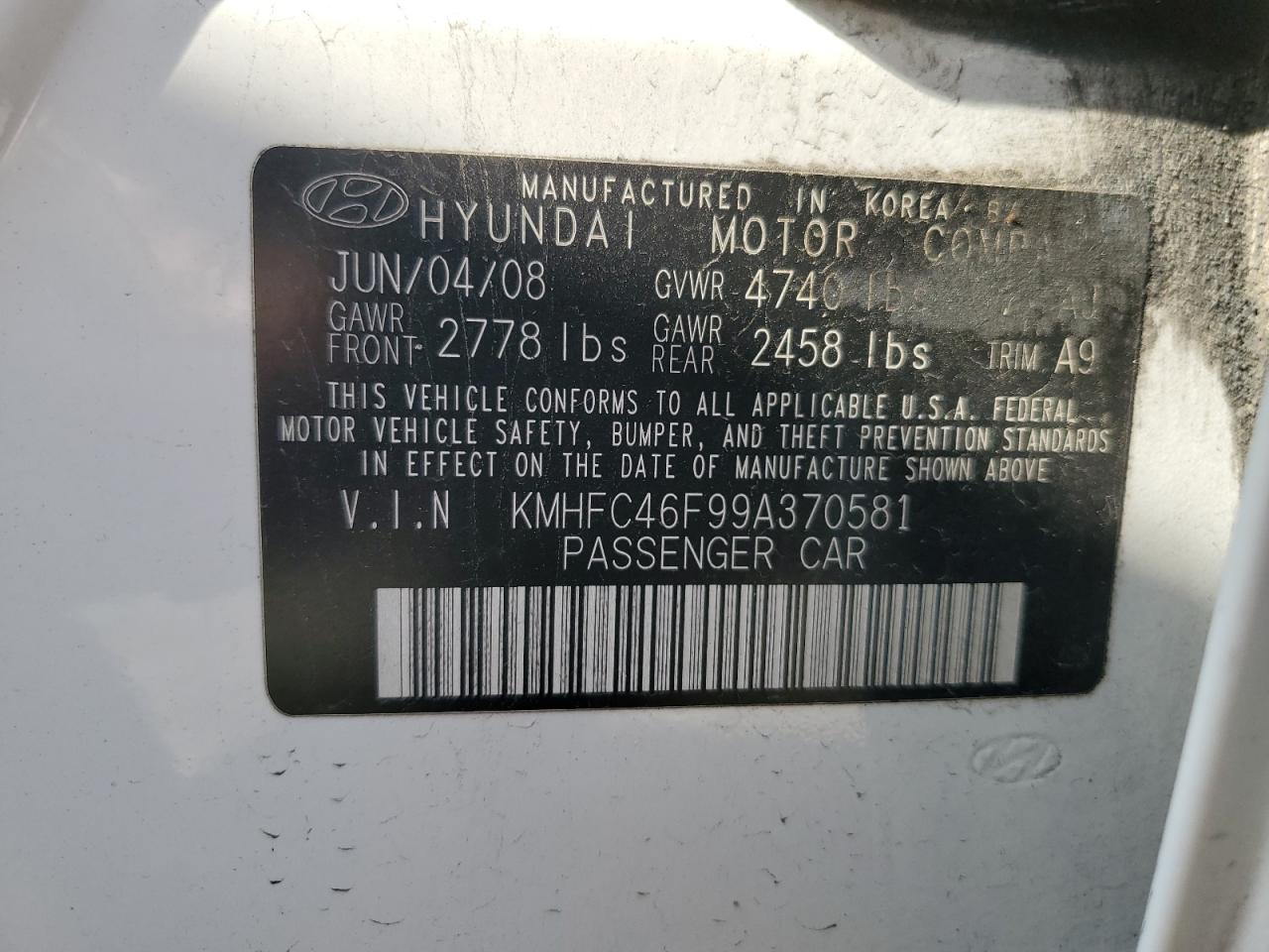 2009 Hyundai Azera Se VIN: KMHFC46F99A370581 Lot: 63080005
