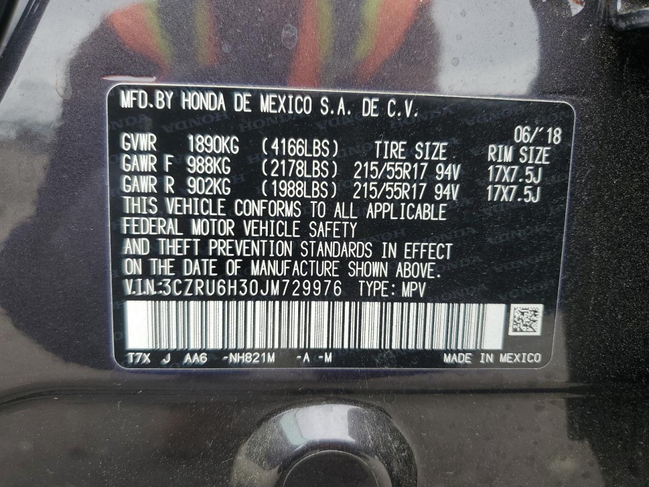 2018 Honda Hr-V Lx VIN: 3CZRU6H30JM729976 Lot: 64390655