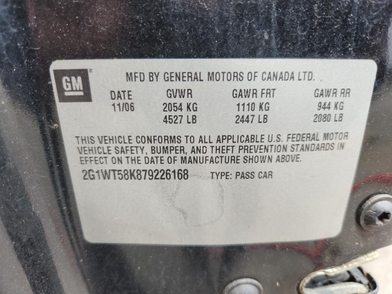 2007 Chevrolet Impala Lt VIN: 2G1WT58K879226168 Lot: 65076335