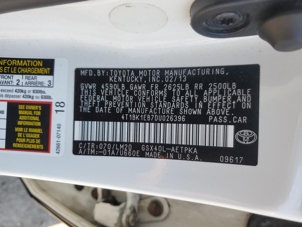 2013 Toyota Avalon Base VIN: 4T1BK1EB7DU026396 Lot: 63389375