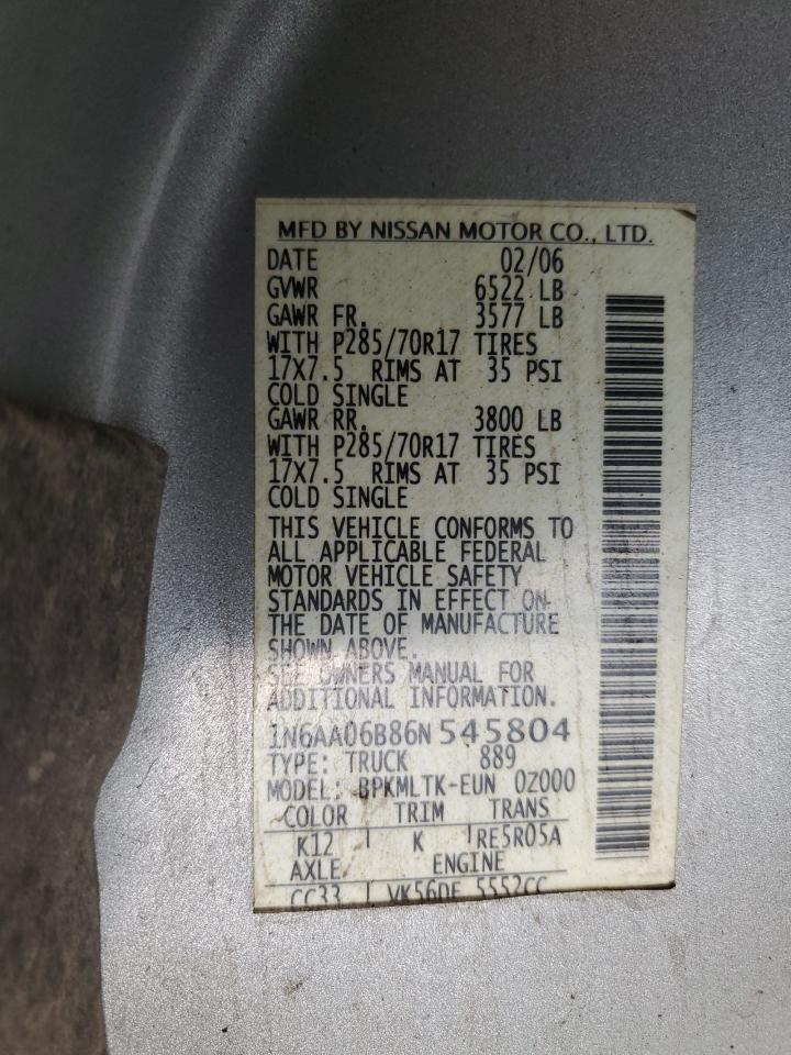 2006 Nissan Titan Xe VIN: 1N6AA06B86N545804 Lot: 63755985