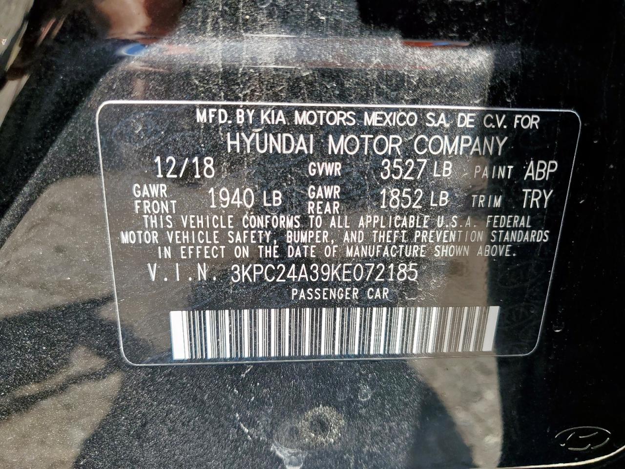2019 Hyundai Accent Se VIN: 3KPC24A39KE072185 Lot: 65536915