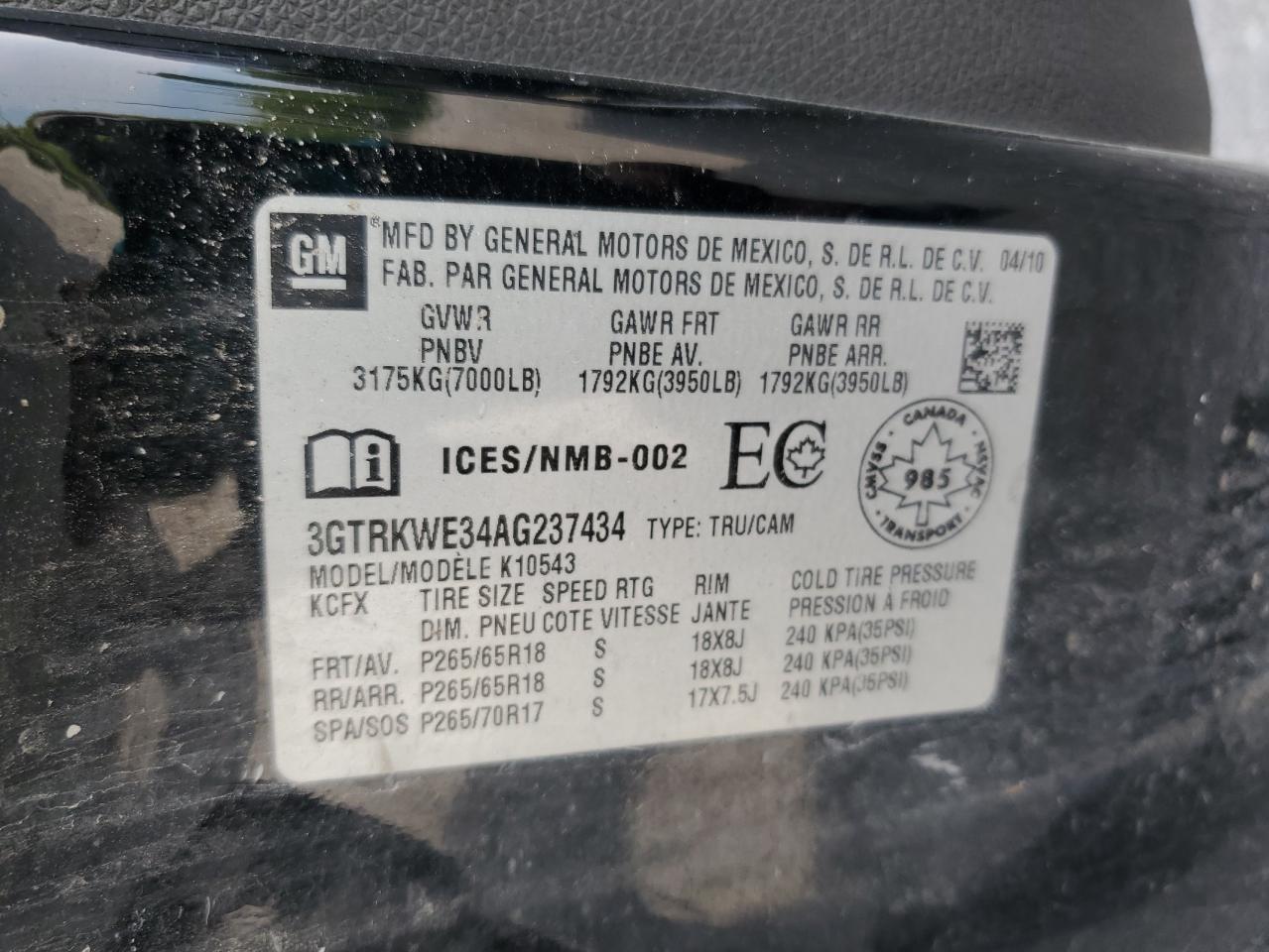 2010 GMC Sierra K1500 Slt VIN: 3GTRKWE34AG237434 Lot: 62503535