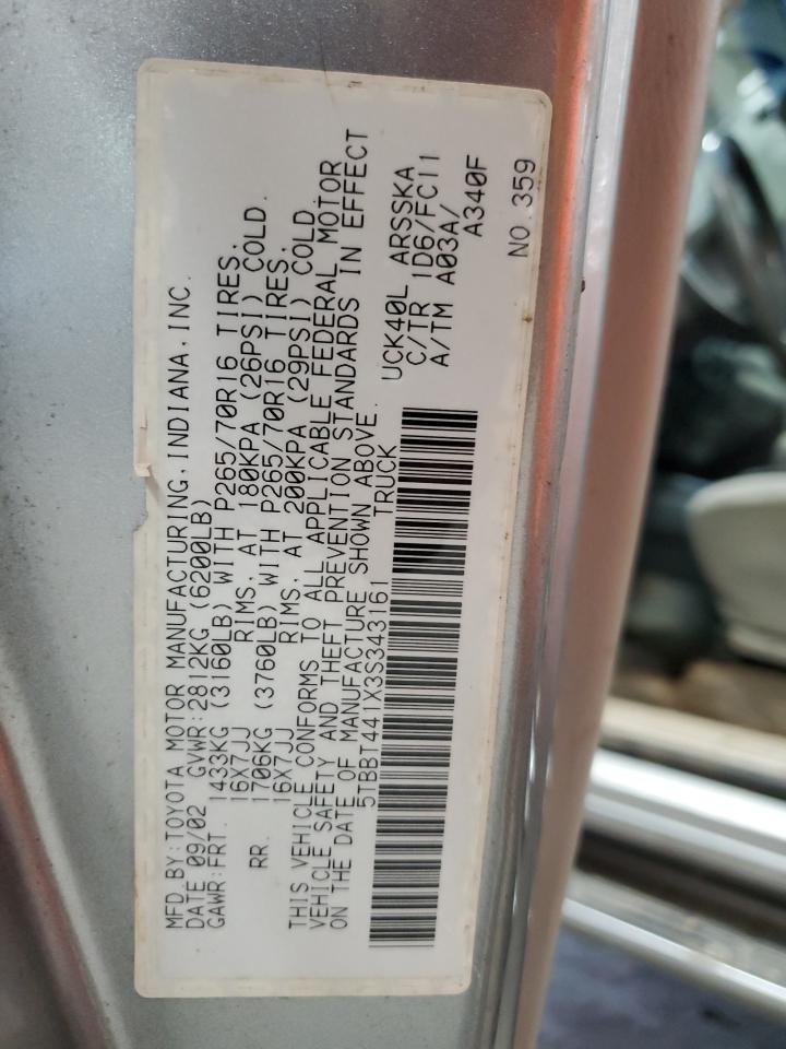 2003 Toyota Tundra Access Cab Sr5 VIN: 5TBBT441X3S343161 Lot: 65834445