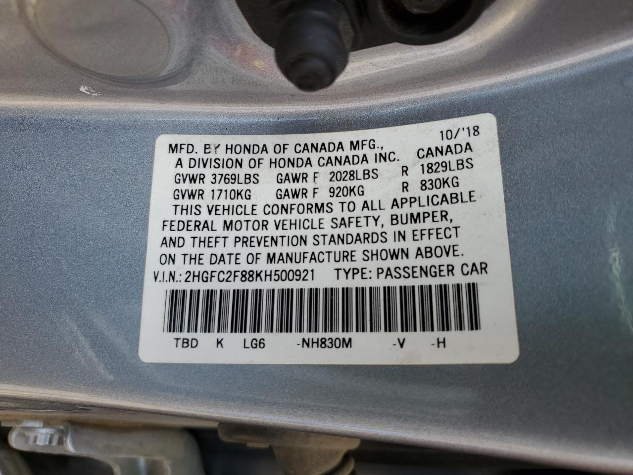 2019 Honda Civic Sport VIN: 2HGFC2F88KH500921 Lot: 63343835