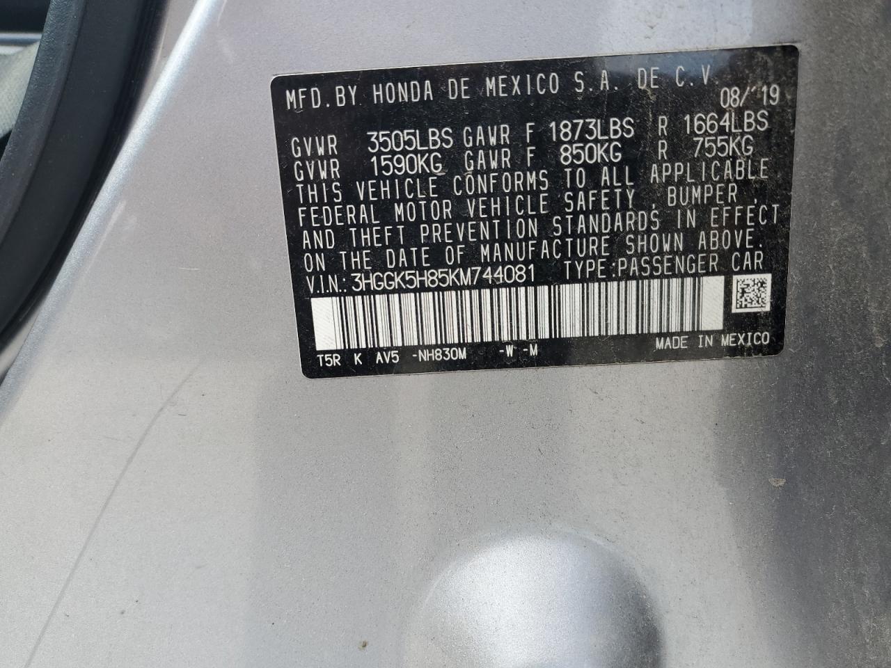 2019 Honda Fit Ex VIN: 3HGGK5H85KM744081 Lot: 65548745