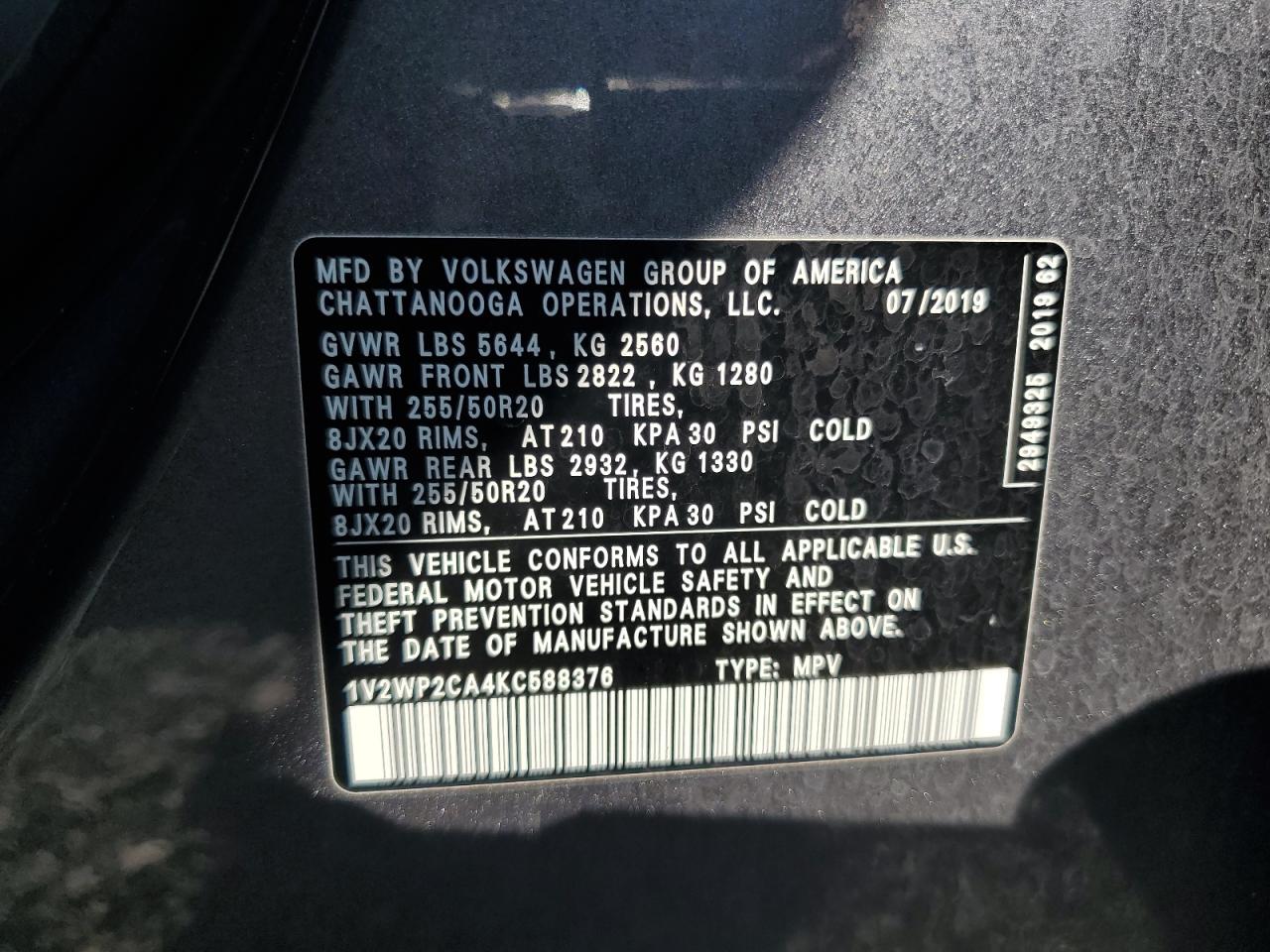 2019 Volkswagen Atlas Se VIN: 1V2WP2CA4KC588376 Lot: 64670915