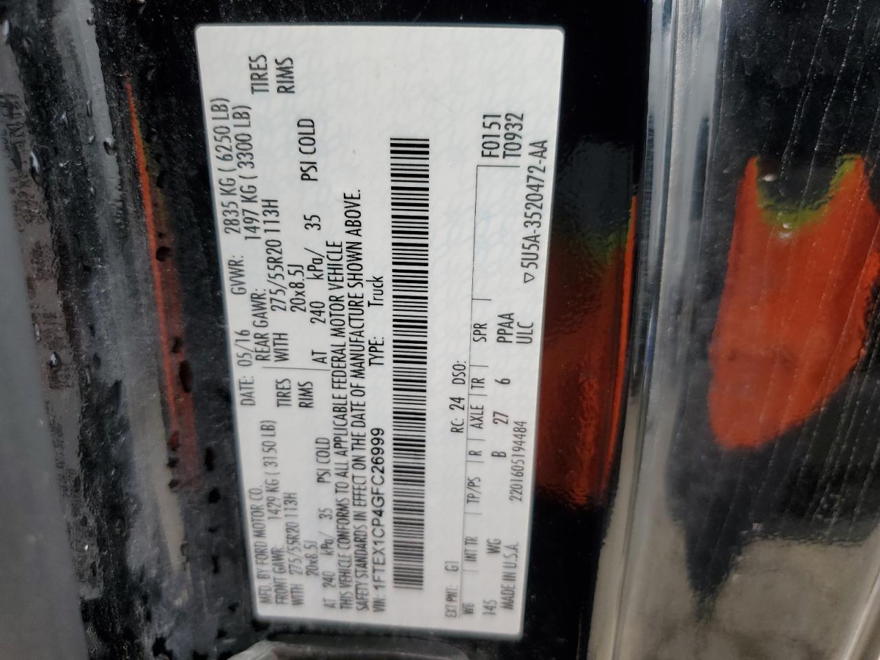 2016 Ford F150 Super Cab VIN: 1FTEX1CP4GFC26999 Lot: 66853445