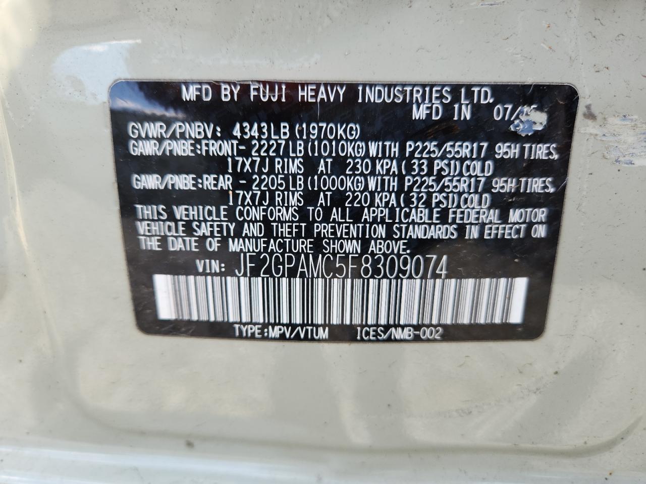 2015 Subaru Xv Crosstrek 2.0 Limited VIN: JF2GPAMC5F8309074 Lot: 64616415