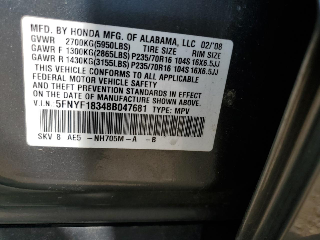 2008 Honda Pilot Se VIN: 5FNYF18348B047681 Lot: 64193885