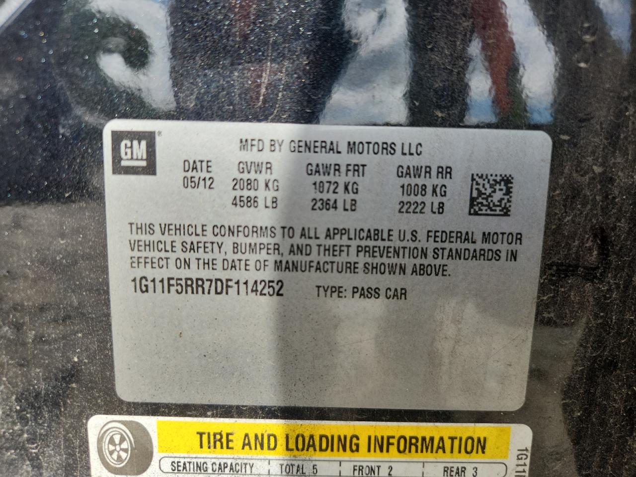 2013 Chevrolet Malibu 2Lt VIN: 1G11F5RR7DF114252 Lot: 63261625