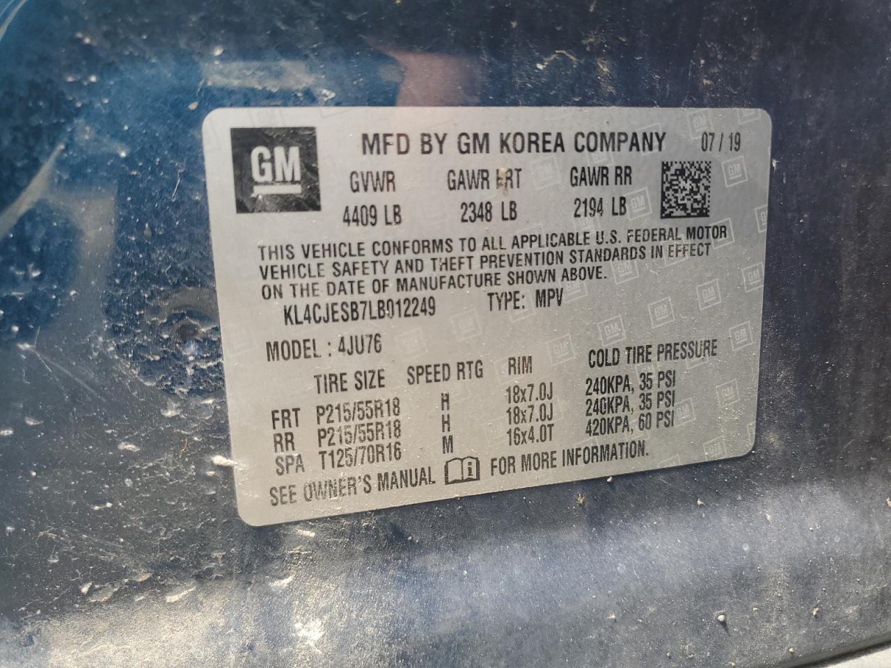 2020 Buick Encore Preferred VIN: KL4CJESB7LB012249 Lot: 65258515