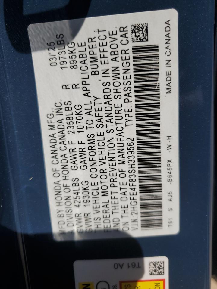 2025 Honda Civic Sport VIN: 2HGFE4F83SH339562 Lot: 66530205
